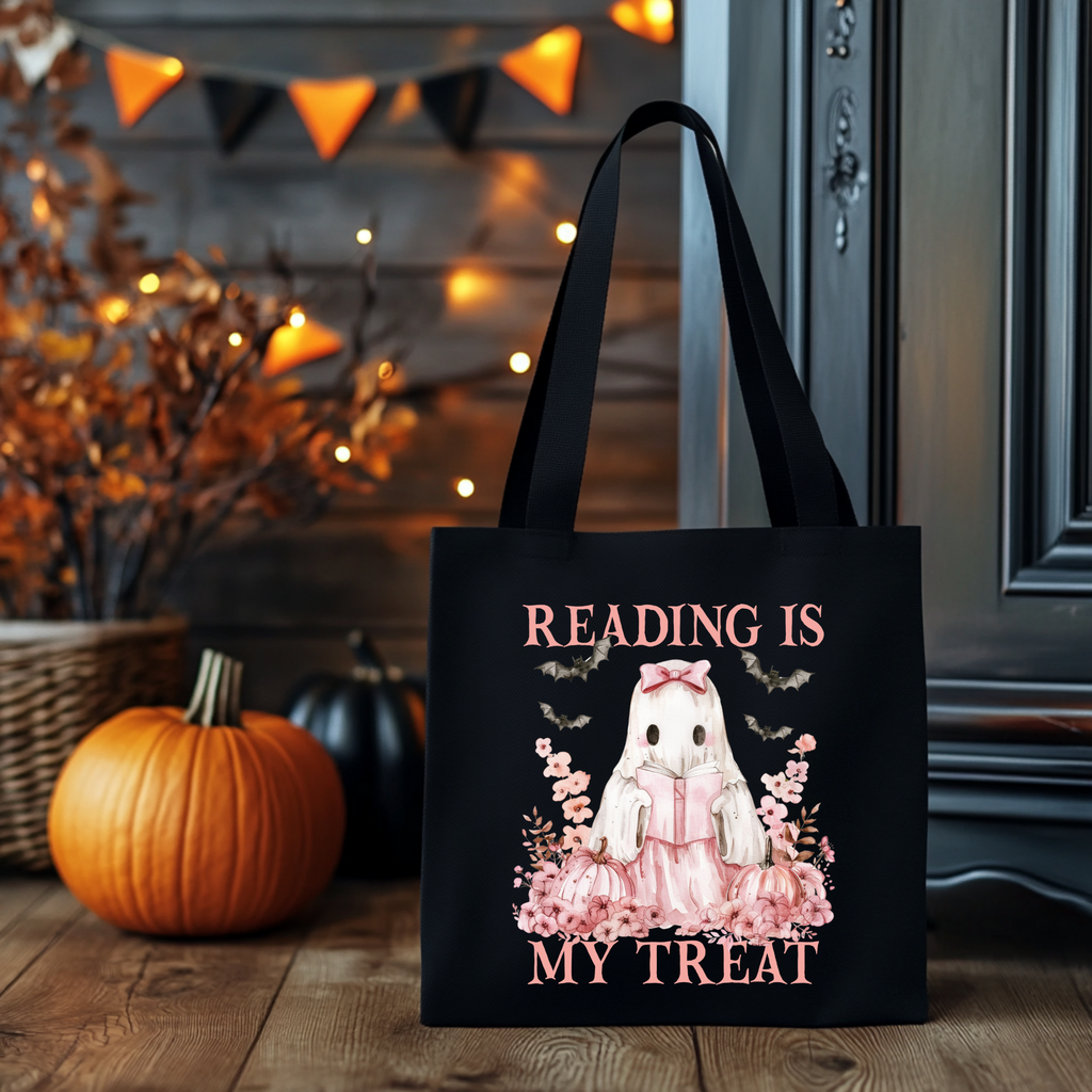 Reading is my Treat Tote Bag – Halloween Bücherliebhaber Tasche aus Baumwolle – Ghost Girl Print – Rosa, Beige oder Schwarz – auch als Bügelbild