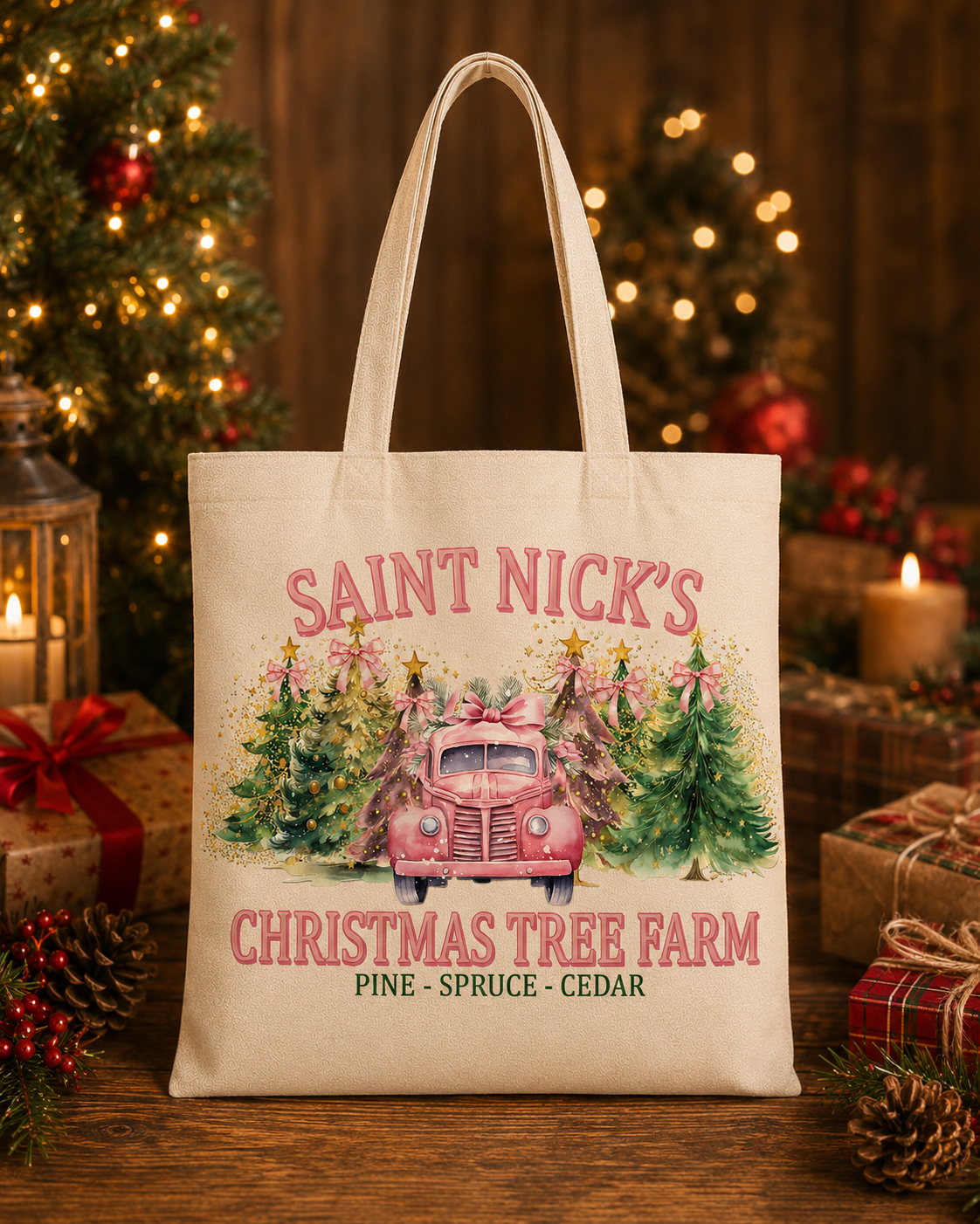 Saint Nick’s Christmas Tree Farm – Weihnachtlicher Stoffbeutel mit rosa Vintage-Truck und Tannenbäumen | Baumwolltasche mit langen Henkeln | Geschenkidee zu Weihnachten