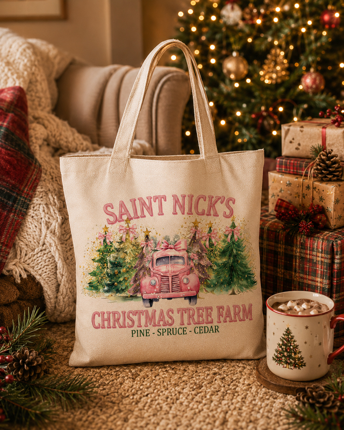 Saint Nick’s Christmas Tree Farm – Weihnachtlicher Stoffbeutel mit rosa Vintage-Truck und Tannenbäumen | Baumwolltasche mit langen Henkeln | Geschenkidee zu Weihnachten