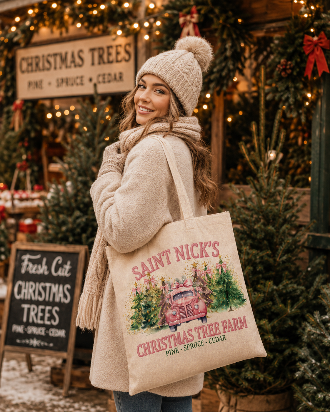 Saint Nick’s Christmas Tree Farm – Weihnachtlicher Stoffbeutel mit rosa Vintage-Truck und Tannenbäumen | Baumwolltasche mit langen Henkeln | Geschenkidee zu Weihnachten
