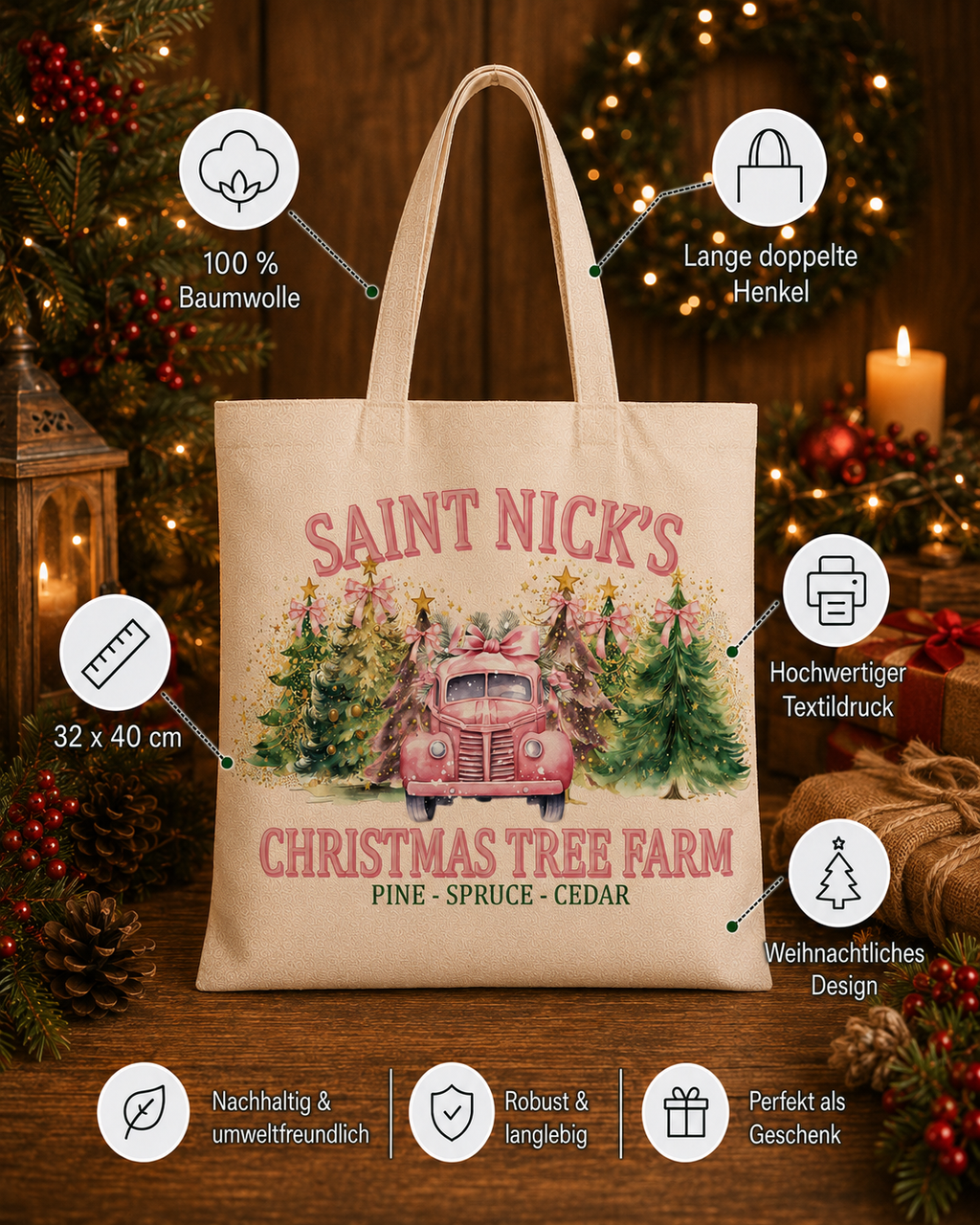Saint Nick’s Christmas Tree Farm – Weihnachtlicher Stoffbeutel mit rosa Vintage-Truck und Tannenbäumen | Baumwolltasche mit langen Henkeln | Geschenkidee zu Weihnachten