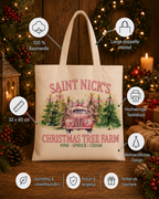 Saint Nick’s Christmas Tree Farm – Weihnachtlicher Stoffbeutel mit rosa Vintage-Truck und Tannenbäumen | Baumwolltasche mit langen Henkeln | Geschenkidee zu Weihnachten