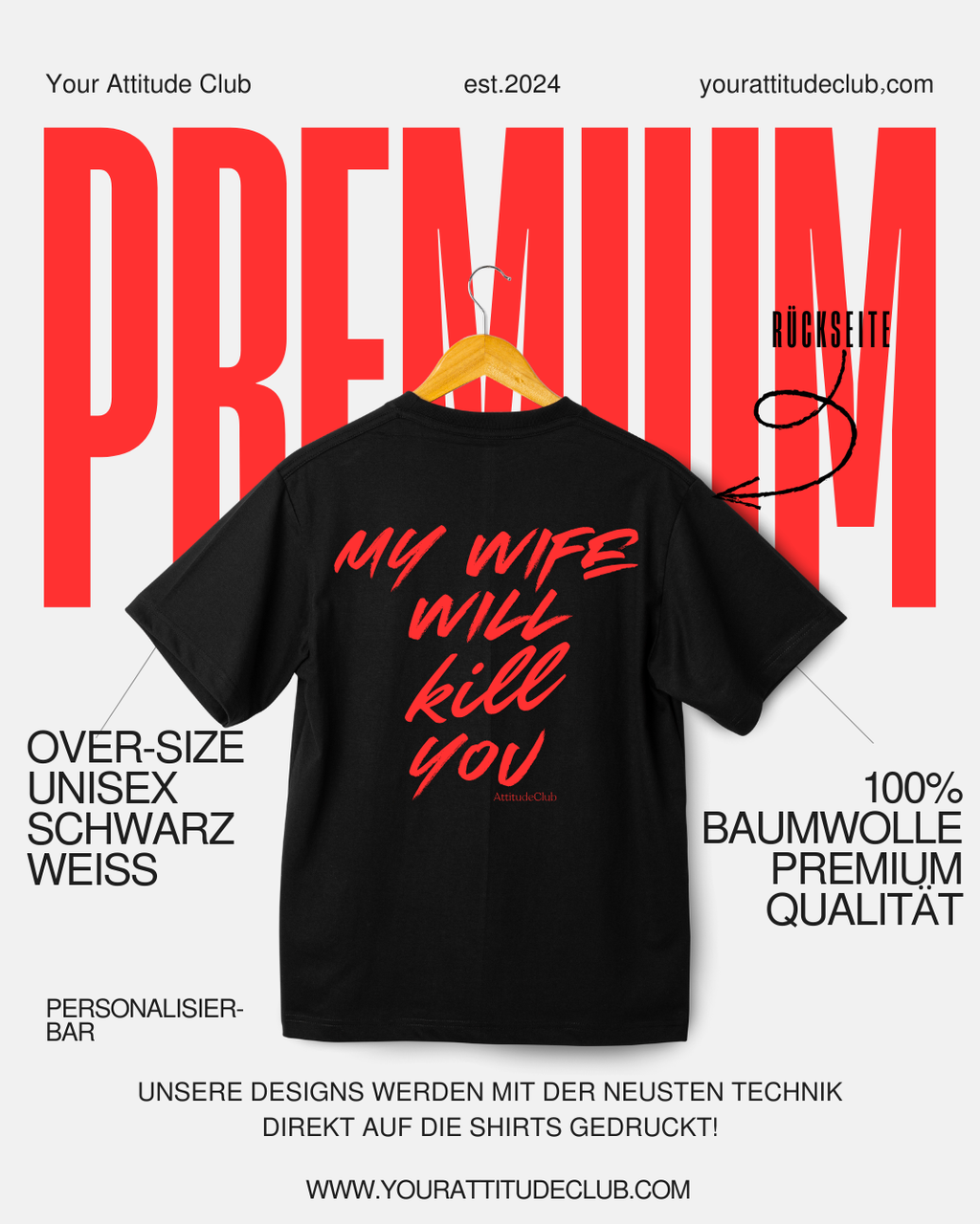 MY WIFE WILL KILL YOU - Oversized Men's T-Shirt Black with Red Front and Back Print | Premium Cotton Men's T-Shirt