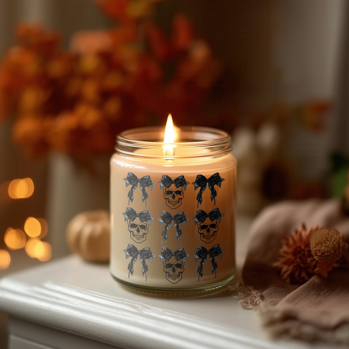Skull Bow Kerze Halloween Duftkerze Glas vegan Sojawachs, Gothic Candle, spooky Herbstkerze Geschenkidee Frauen Deko