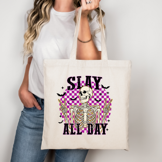 Slay All Day Skelett Tragetasche Halloween Gothic Tasche Baumwollbeutel mit Druck – rosa, beige oder schwarz + Bügelbild