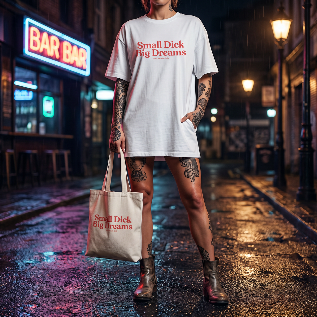 Small Dick Big Dreams Beutel – Statement Tragetasche Baumwolle, lustiger Stoffbeutel, frecher Shopper, Tote Bag Damen Herren Trend