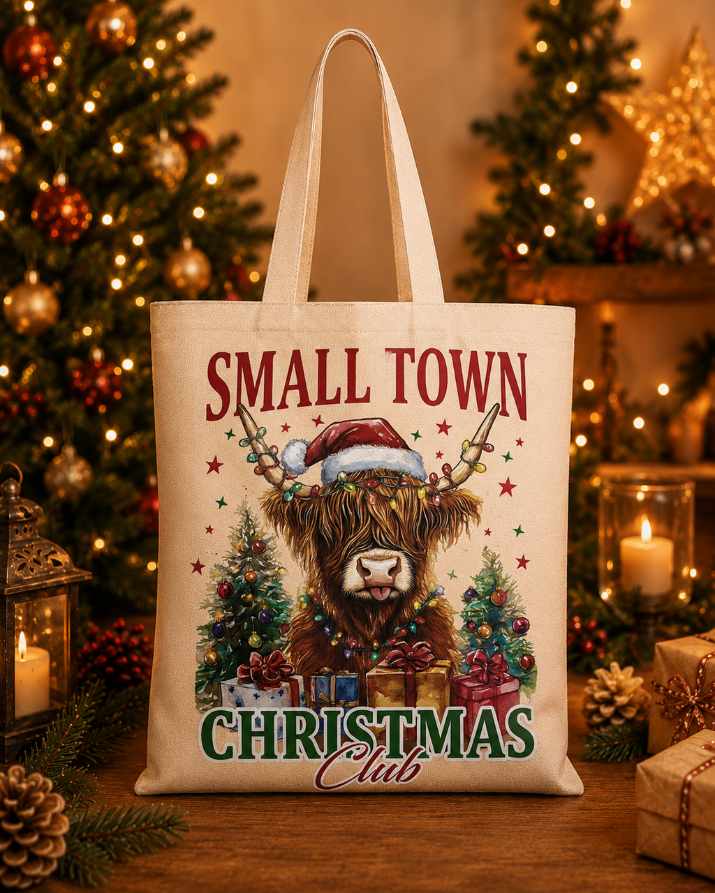 Small Town Christmas Club – Weihnachtlicher Stoffbeutel mit Highland Cow | Baumwolltasche mit langen Henkeln | Rustikales Weihnachtsgeschenk