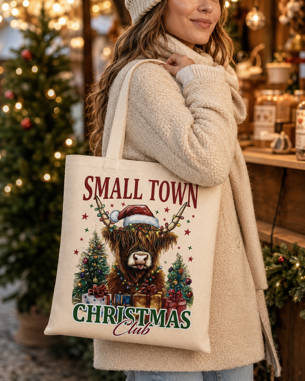 Small Town Christmas Club – Weihnachtlicher Stoffbeutel mit Highland Cow | Baumwolltasche mit langen Henkeln | Rustikales Weihnachtsgeschenk