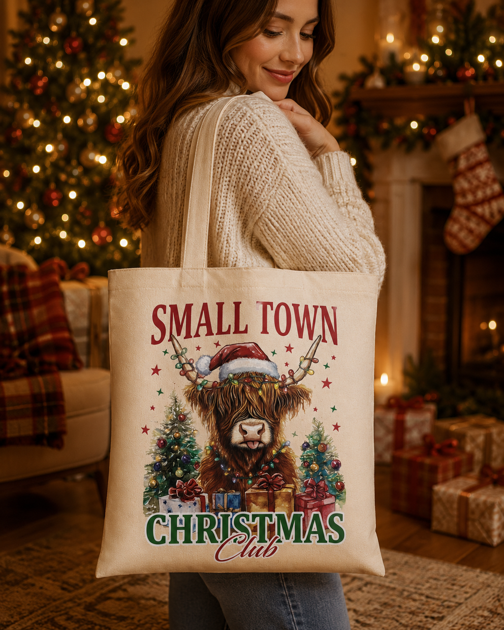 Small Town Christmas Club – Weihnachtlicher Stoffbeutel mit Highland Cow | Baumwolltasche mit langen Henkeln | Rustikales Weihnachtsgeschenk