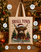 Small Town Christmas Club – Weihnachtlicher Stoffbeutel mit Highland Cow | Baumwolltasche mit langen Henkeln | Rustikales Weihnachtsgeschenk