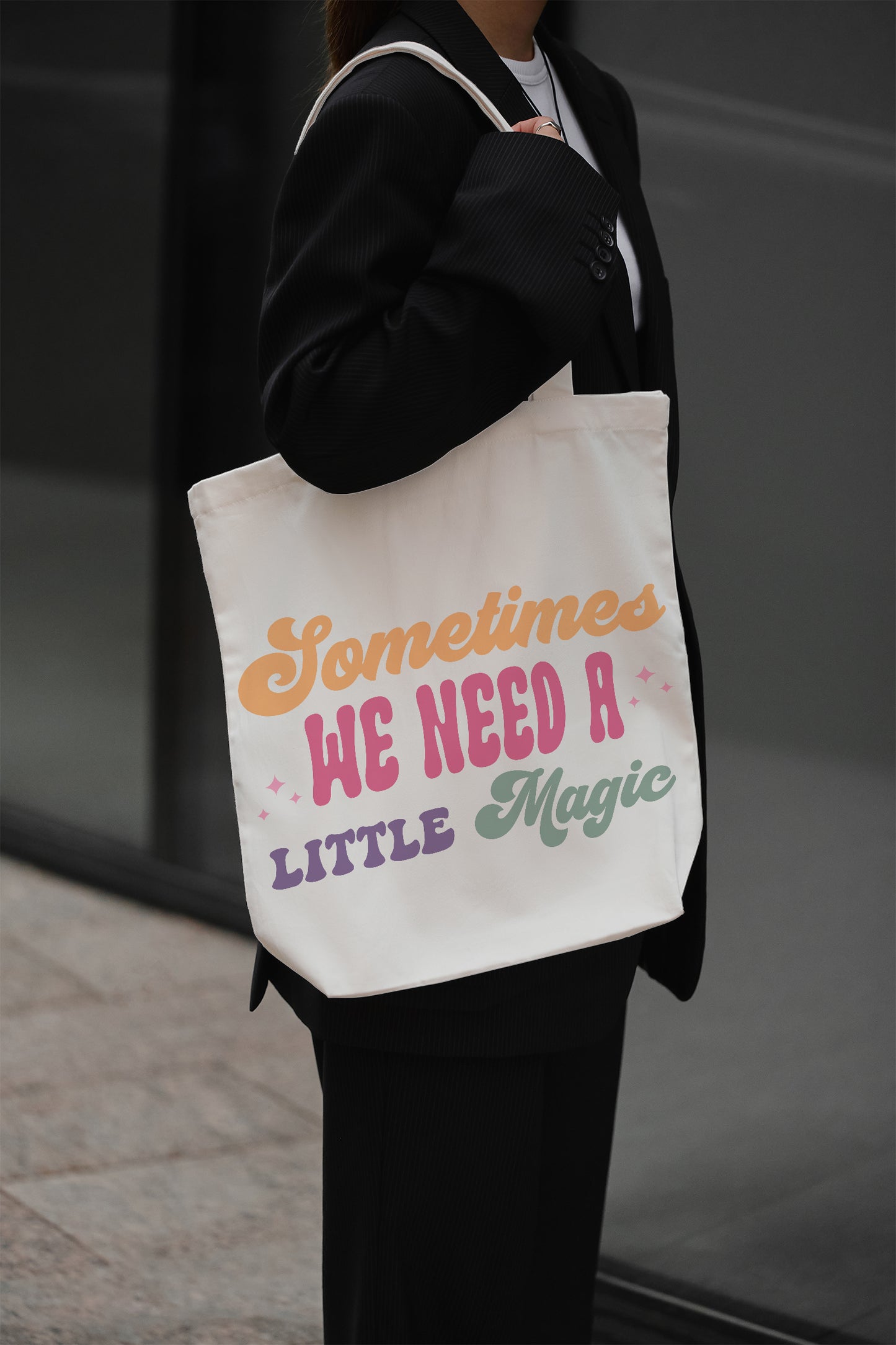 Sometimes We Need a Little Magic Baumwolltasche Stoffbeutel Spruch nachhaltig Retro Shopper Geschenkidee Frauen individuell bedruckt