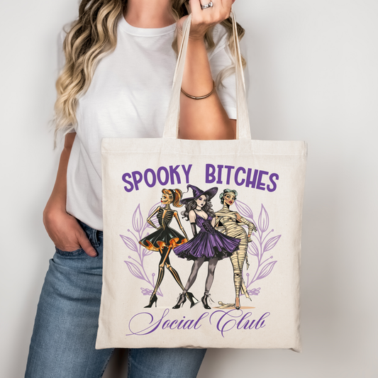 Spooky Bitches Social Club Tragetasche Halloween Beutel mit Print – Baumwolltasche 38x42cm – schwarz, rosa, beige – auch als Bügelbild für Shirt, Tasche, Kissen