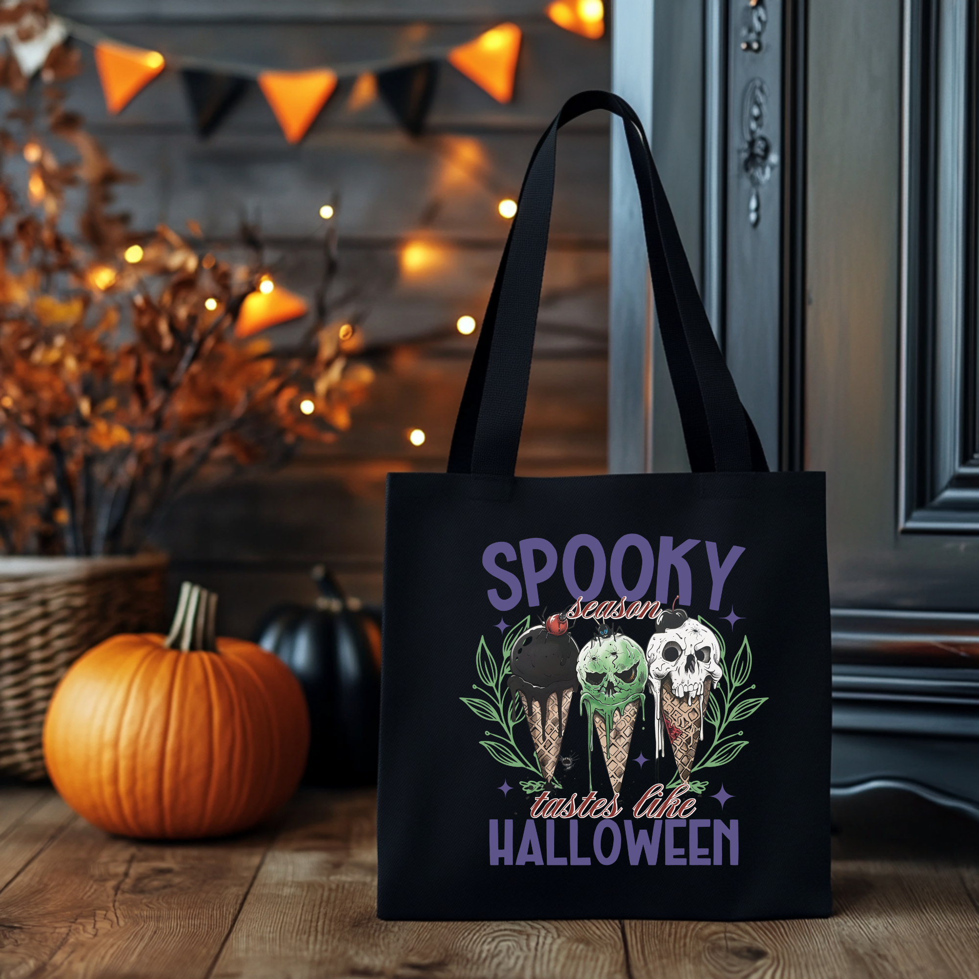 Spooky Season tastes like Halloween Beutel – Baumwolltasche mit Eis-Motiv | Halloween Tote Bag in Beige, Schwarz, Rosa | Bügelbild optional