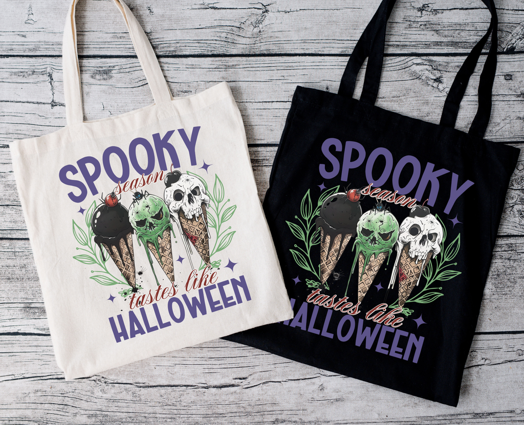 Spooky Season tastes like Halloween Beutel – Baumwolltasche mit Eis-Motiv | Halloween Tote Bag in Beige, Schwarz, Rosa | Bügelbild optional