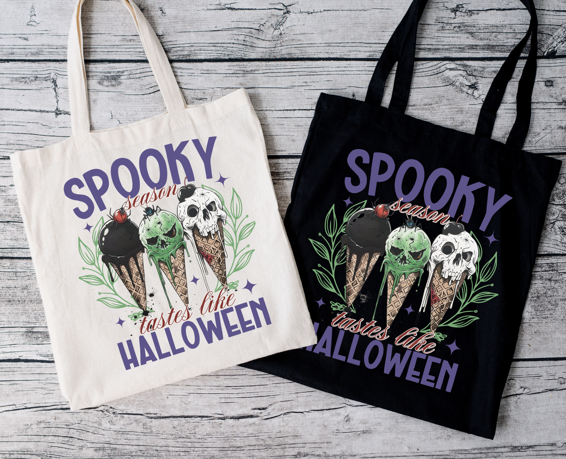 Spooky Season tastes like Halloween Beutel – Baumwolltasche mit Eis-Motiv | Halloween Tote Bag in Beige, Schwarz, Rosa | Bügelbild optional