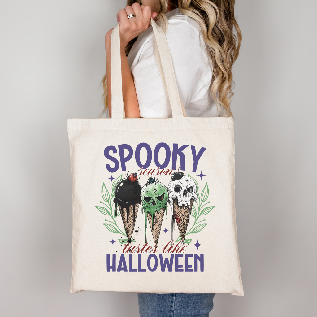 Spooky Season tastes like Halloween Beutel – Baumwolltasche mit Eis-Motiv | Halloween Tote Bag in Beige, Schwarz, Rosa | Bügelbild optional