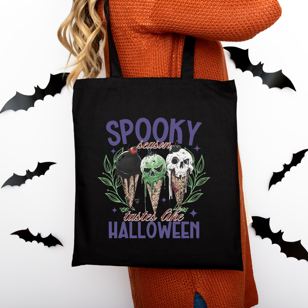 Spooky Season tastes like Halloween Beutel – Baumwolltasche mit Eis-Motiv | Halloween Tote Bag in Beige, Schwarz, Rosa | Bügelbild optional