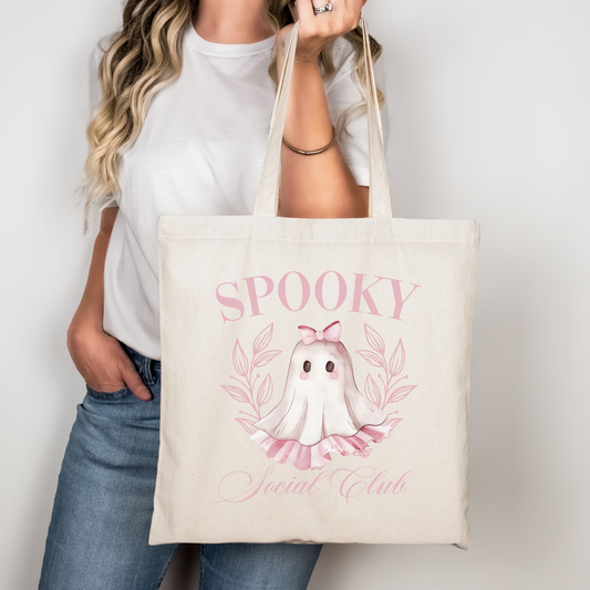 Spooky Social Club Halloween Tasche rosa beige schwarz – Baumwollbeutel mit süßem Geist Motiv – Halloween Geschenk – DTG Druck – auch als Bügelbild erhältlich