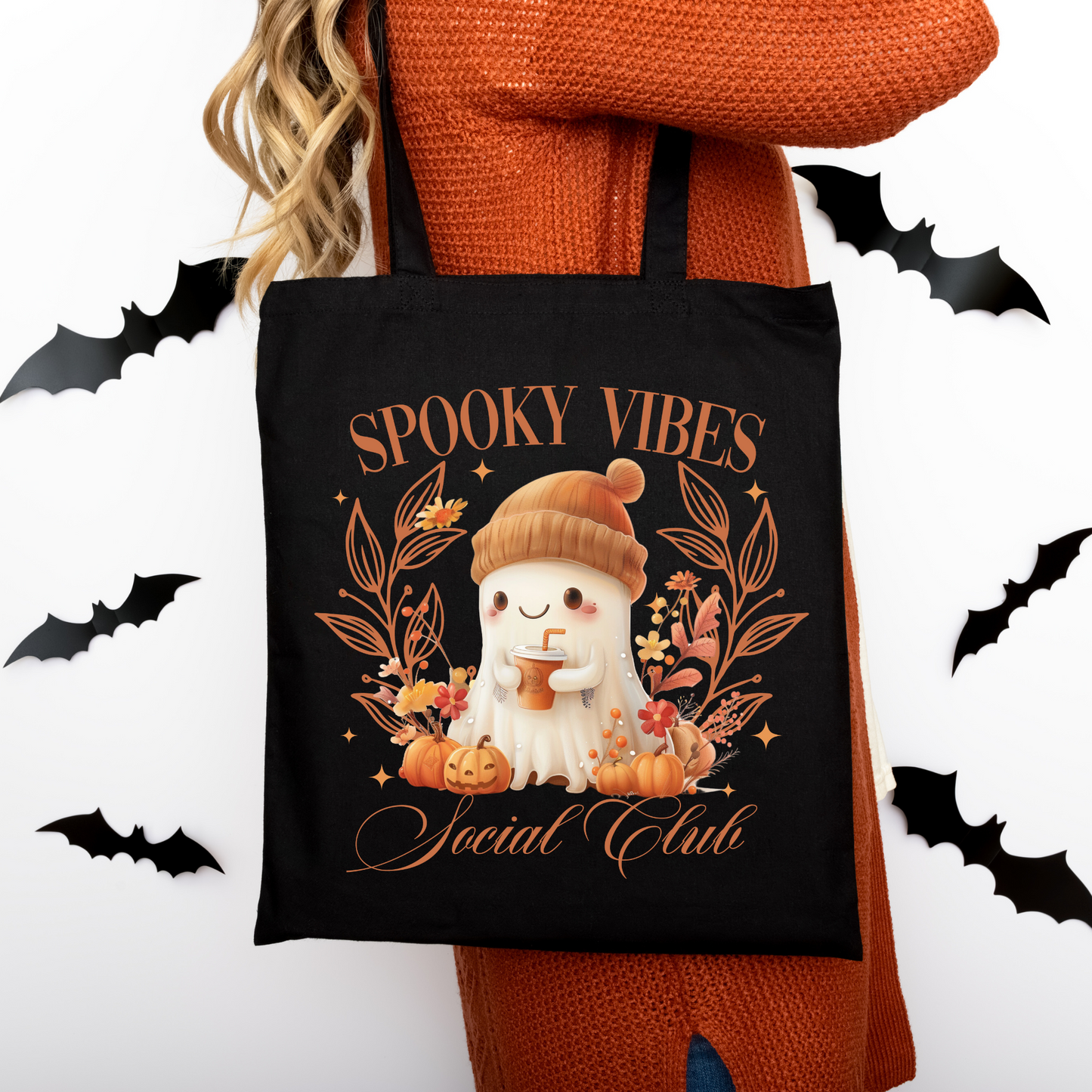 Spooky Vibes Social Club Tasche Halloween Beutel aus Baumwolle – DTG Druck – Rosa, Beige oder Schwarz – Motiv auch als Bügelbild für T-Shirts, Kissen & mehr