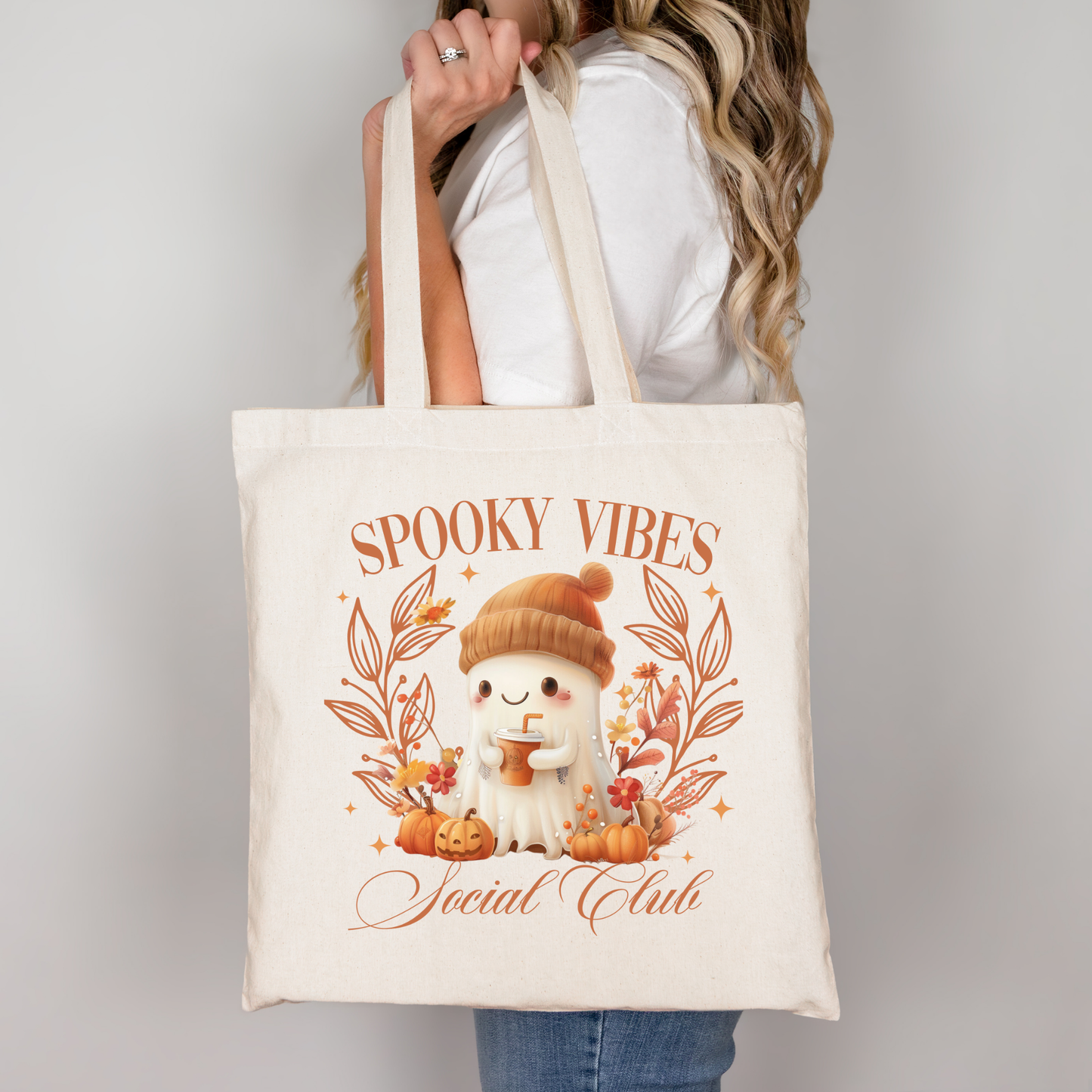 Spooky Vibes Social Club Tasche Halloween Beutel aus Baumwolle – DTG Druck – Rosa, Beige oder Schwarz – Motiv auch als Bügelbild für T-Shirts, Kissen & mehr