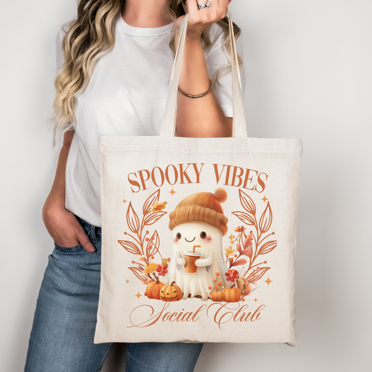 Spooky Vibes Social Club Tasche Halloween Beutel aus Baumwolle – DTG Druck – Rosa, Beige oder Schwarz – Motiv auch als Bügelbild für T-Shirts, Kissen & mehr