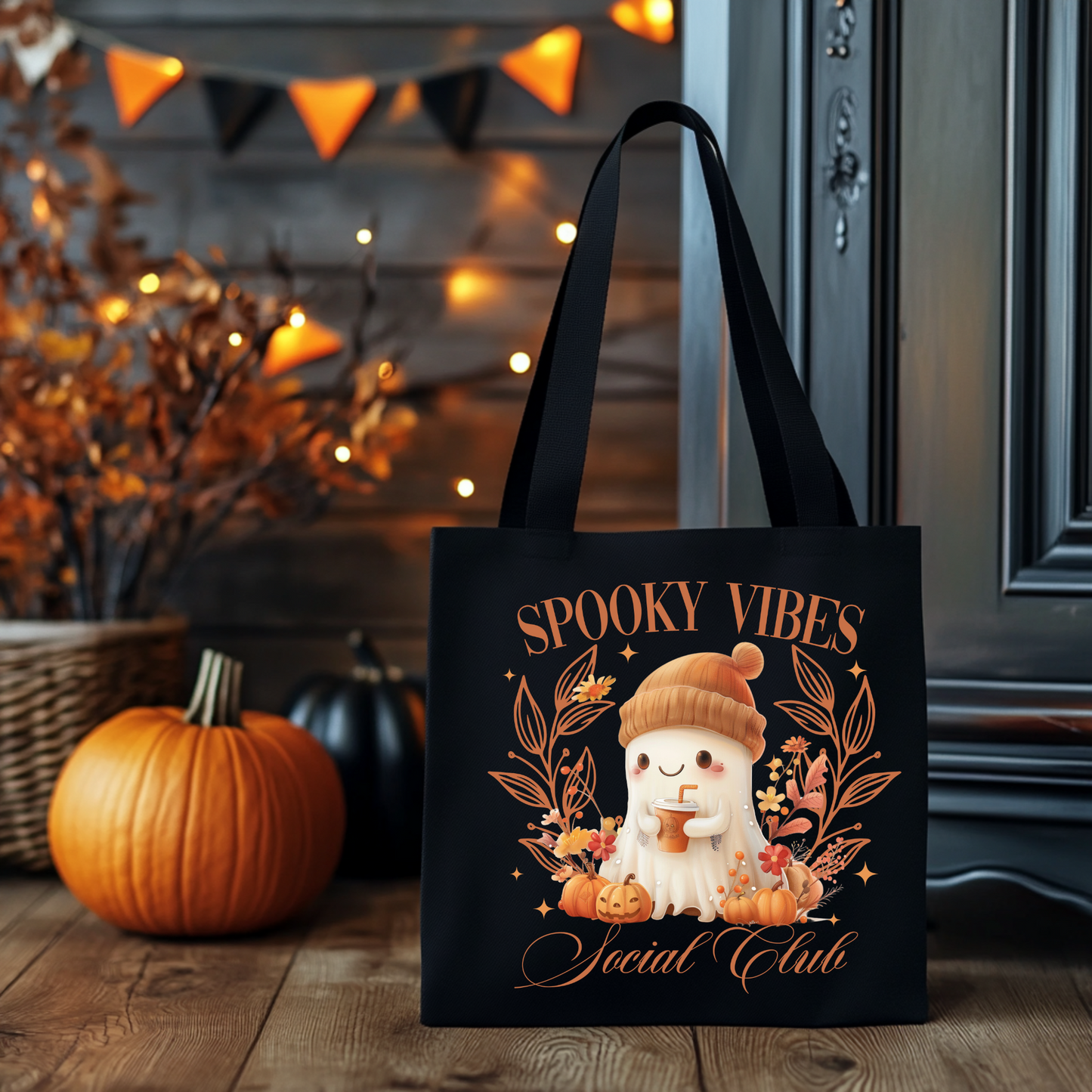 Spooky Vibes Social Club Tasche Halloween Beutel aus Baumwolle – DTG Druck – Rosa, Beige oder Schwarz – Motiv auch als Bügelbild für T-Shirts, Kissen & mehr