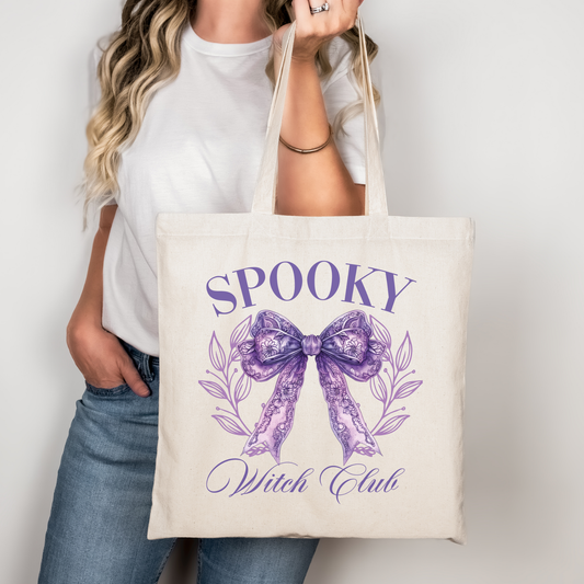 Spooky Witch Club Tragetasche – Halloween Beutel Baumwolle 38x42cm Rosa Beige Schwarz | Motiv auch als Bügelbild für Shirts & Kissen