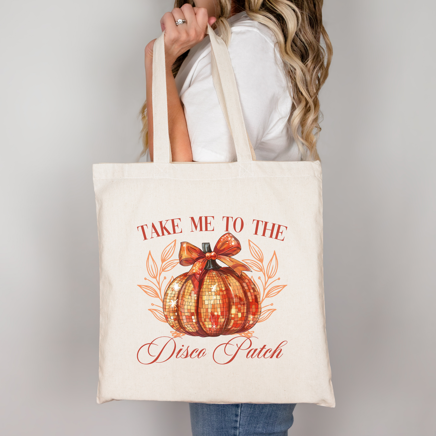 Halloween Disco Kürbis Tasche – Baumwollbeutel mit Print „Take Me to the Disco Patch“ – schwarz, beige oder rosa – 38x42 cm – Bügelbild optional – Party Geschenk Herbst