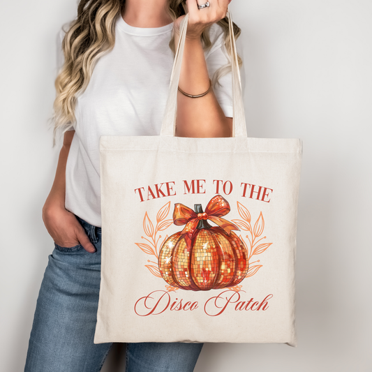 Halloween Disco Kürbis Tasche – Baumwollbeutel mit Print „Take Me to the Disco Patch“ – schwarz, beige oder rosa – 38x42 cm – Bügelbild optional – Party Geschenk Herbst