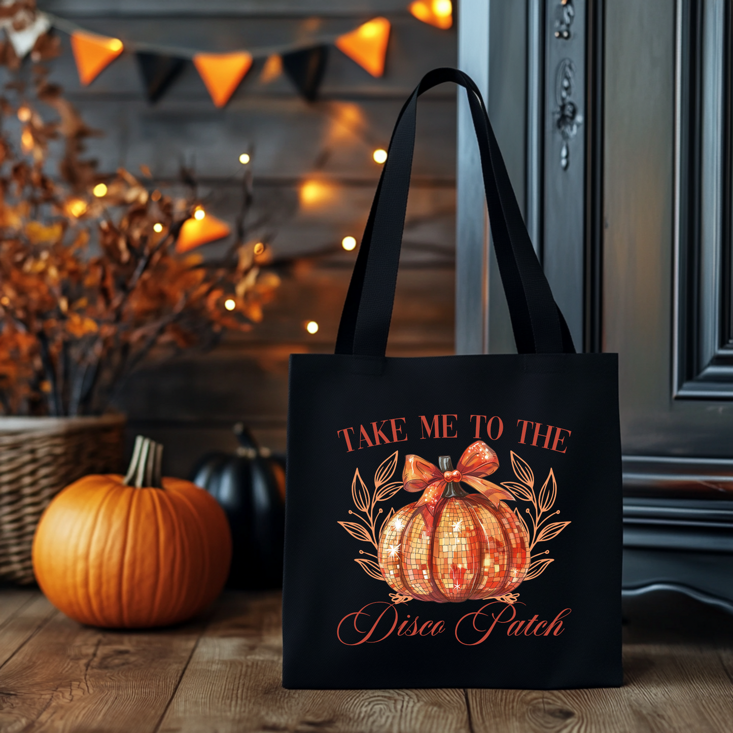 Halloween Disco Kürbis Tasche – Baumwollbeutel mit Print „Take Me to the Disco Patch“ – schwarz, beige oder rosa – 38x42 cm – Bügelbild optional – Party Geschenk Herbst