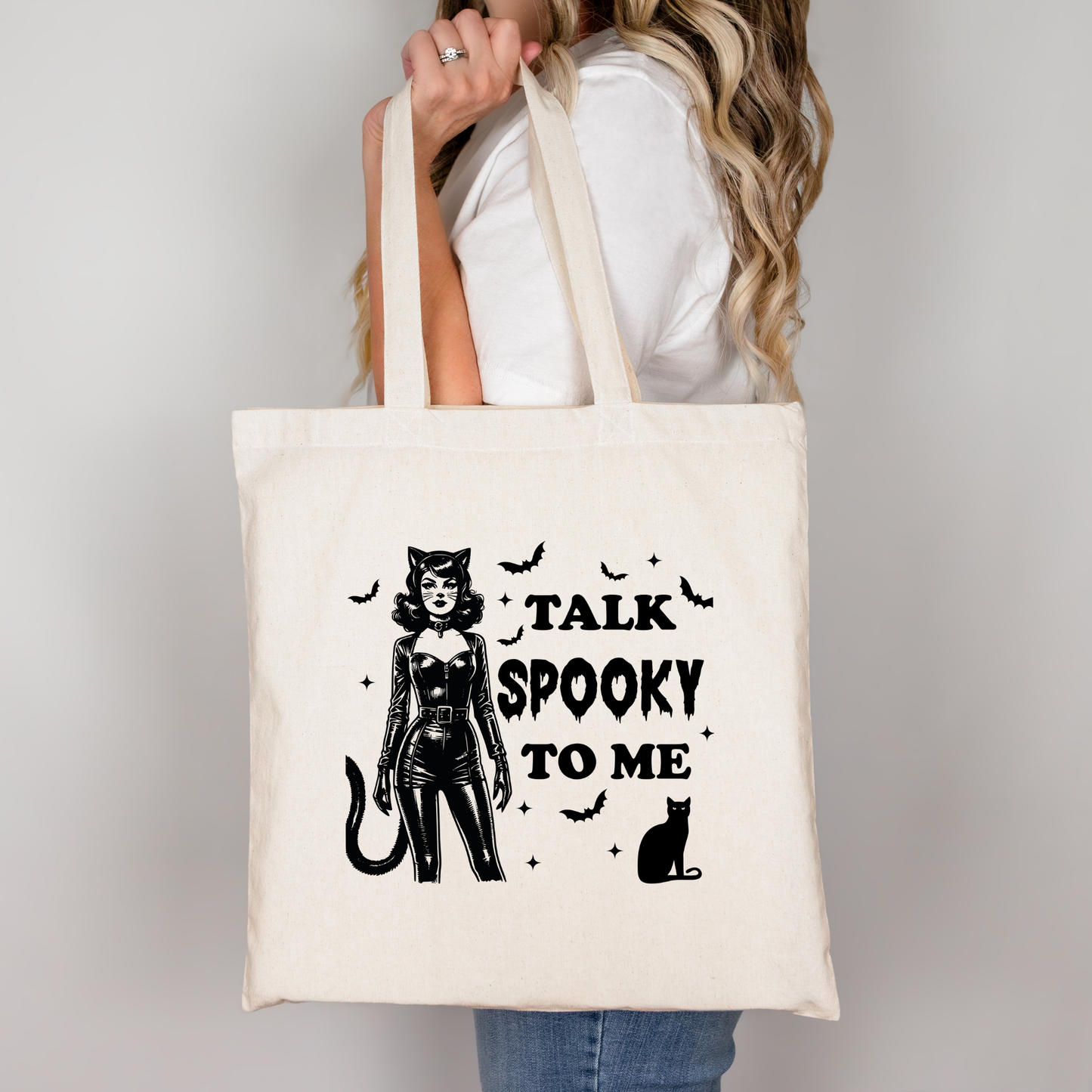 Talk Spooky to Me Tragetasche Halloween Katze Retro Style – Baumwollbeutel 38x42 cm – Rosa, Beige oder Schwarz – auch als Bügelbild für T-Shirt, Kissen, Jacke erhältlich