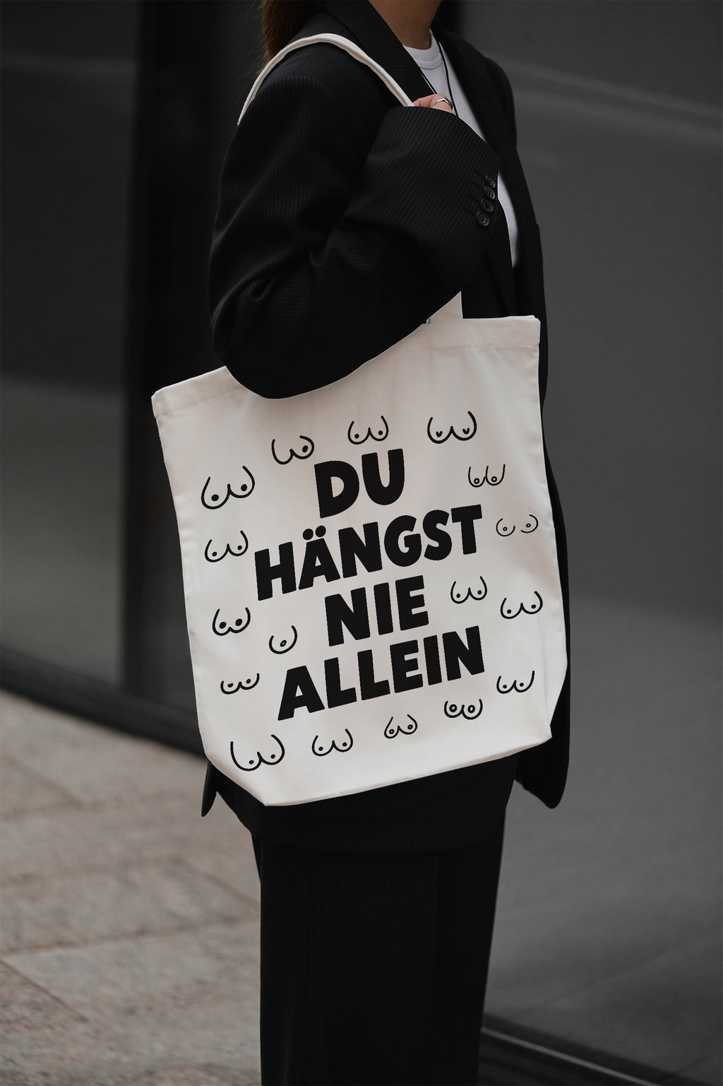 DU HÄNGST NIE ALLEIN Baumwollbeutel beige Stoffbeutel mit Spruch Geschenk Freundin Schwester Mama BFF Kollegin Jutebeutel Einkaufstasche nachhaltig