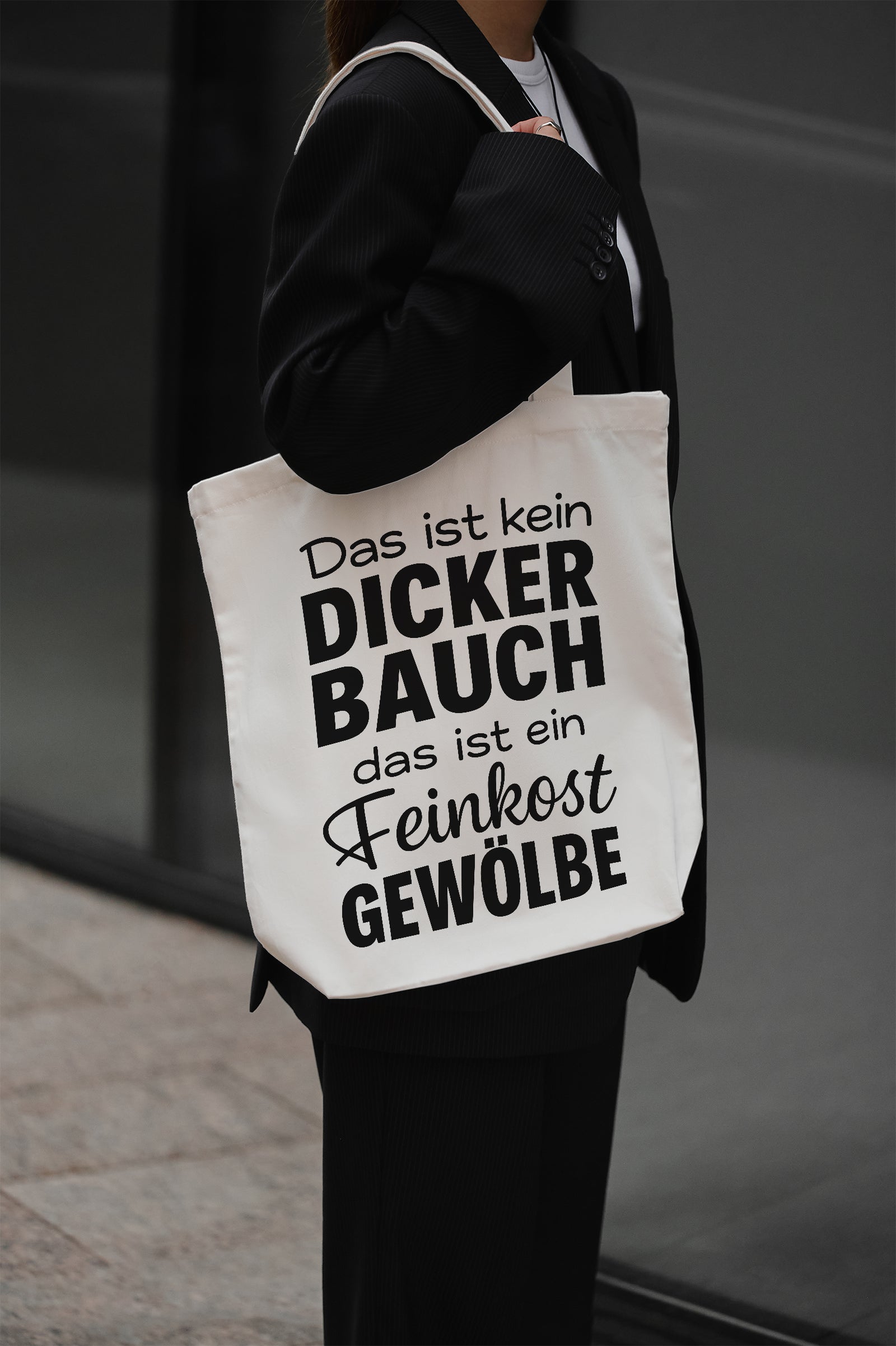 Das ist kein dicker Bauch das ist ein Feinkostgewölbe Baumwollbeutel beige Stofftasche Schultertasche lustig Geschenk Humor
