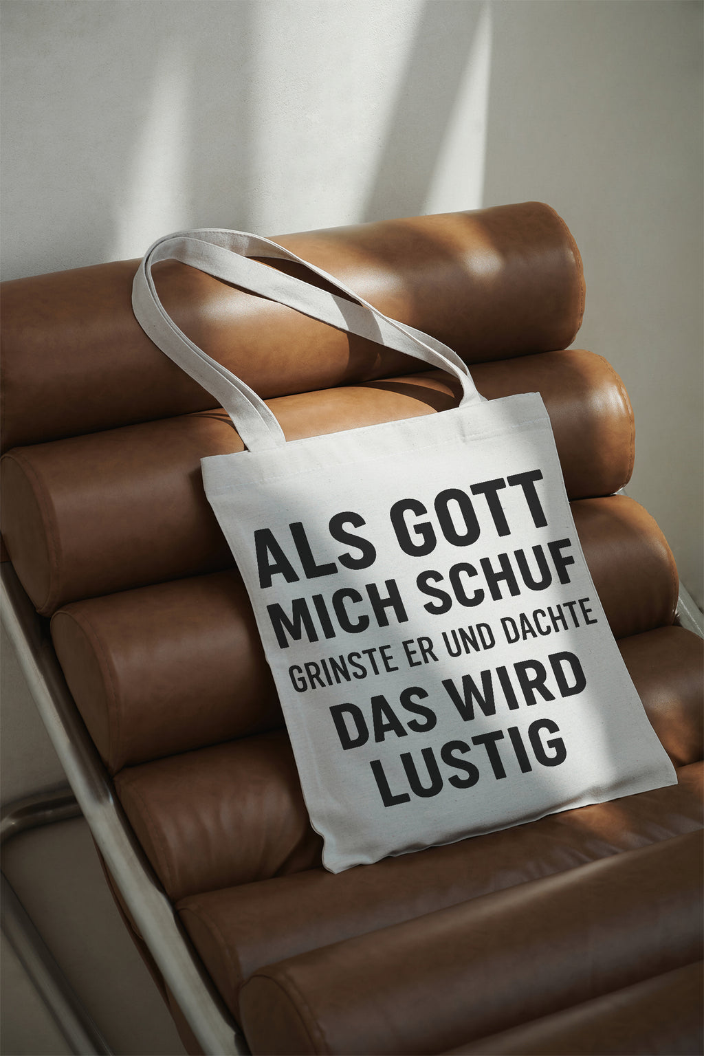 ALS GOTT MICH SCHUF GRINSTE ER UND DACHTE DAS WIRD LUSTIG Baumwollbeutel Stofftasche Jutebeutel Einkaufstasche Geschenk lustig nachhaltig bedruckt Schultertasche