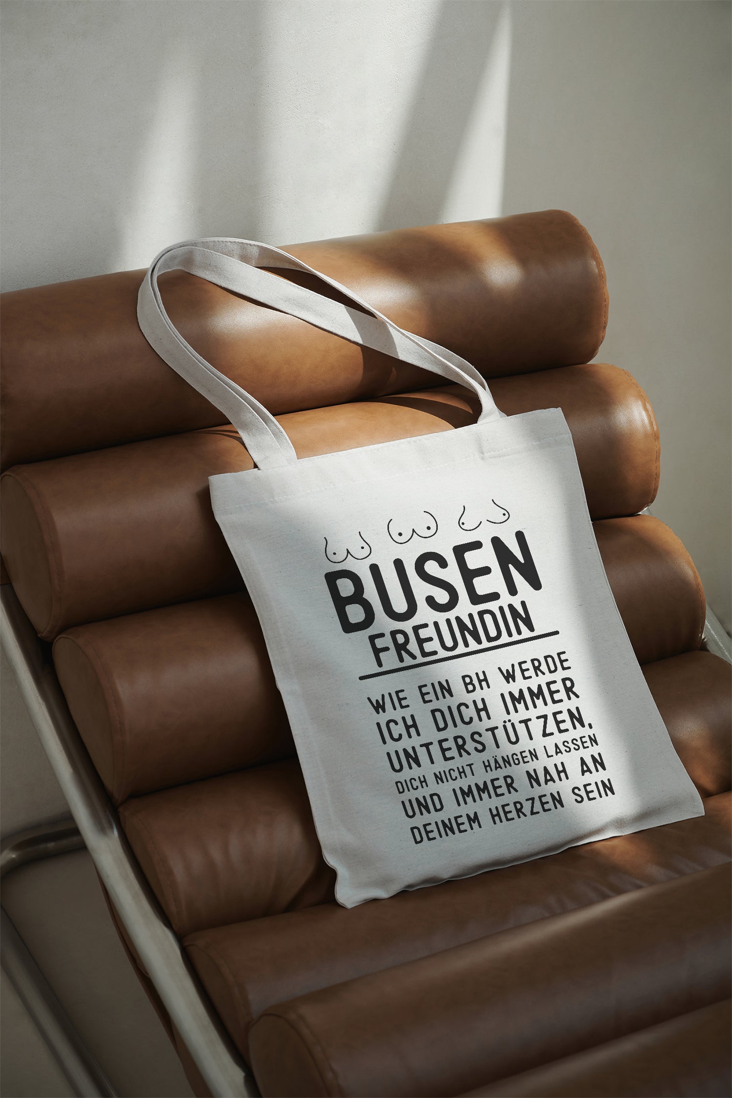 BUSENFREUNDIN wie ein BH werde ich dich immer unterstützen Baumwollbeutel Tasche lustiger Jutebeutel Geschenk Freundin BFF Stofftasche beige
