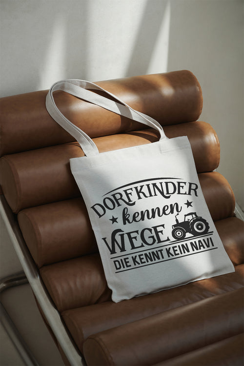 Village kids know paths no GPS knows Cotton bag beige fabric bag with saying shopping bag long handles gift village life