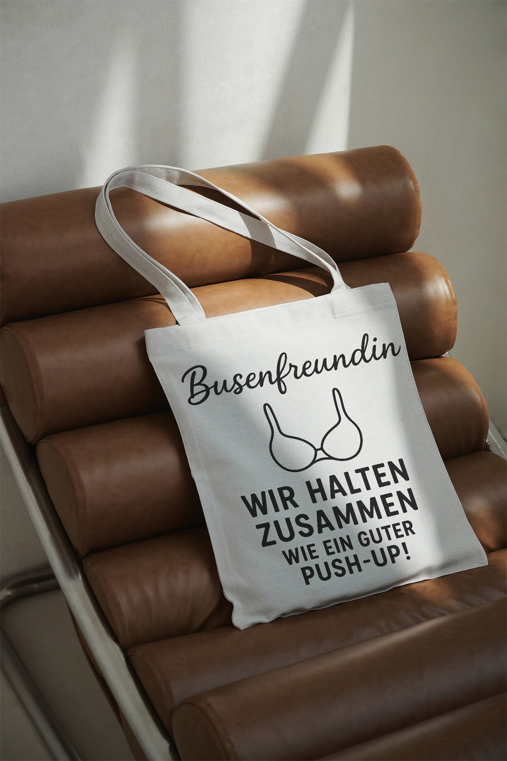 Busenfreundin wir halten zusammen wie ein guter Push-Up! Baumwollbeutel beige Stofftasche Schultertasche Geschenk beste Freundin witzig