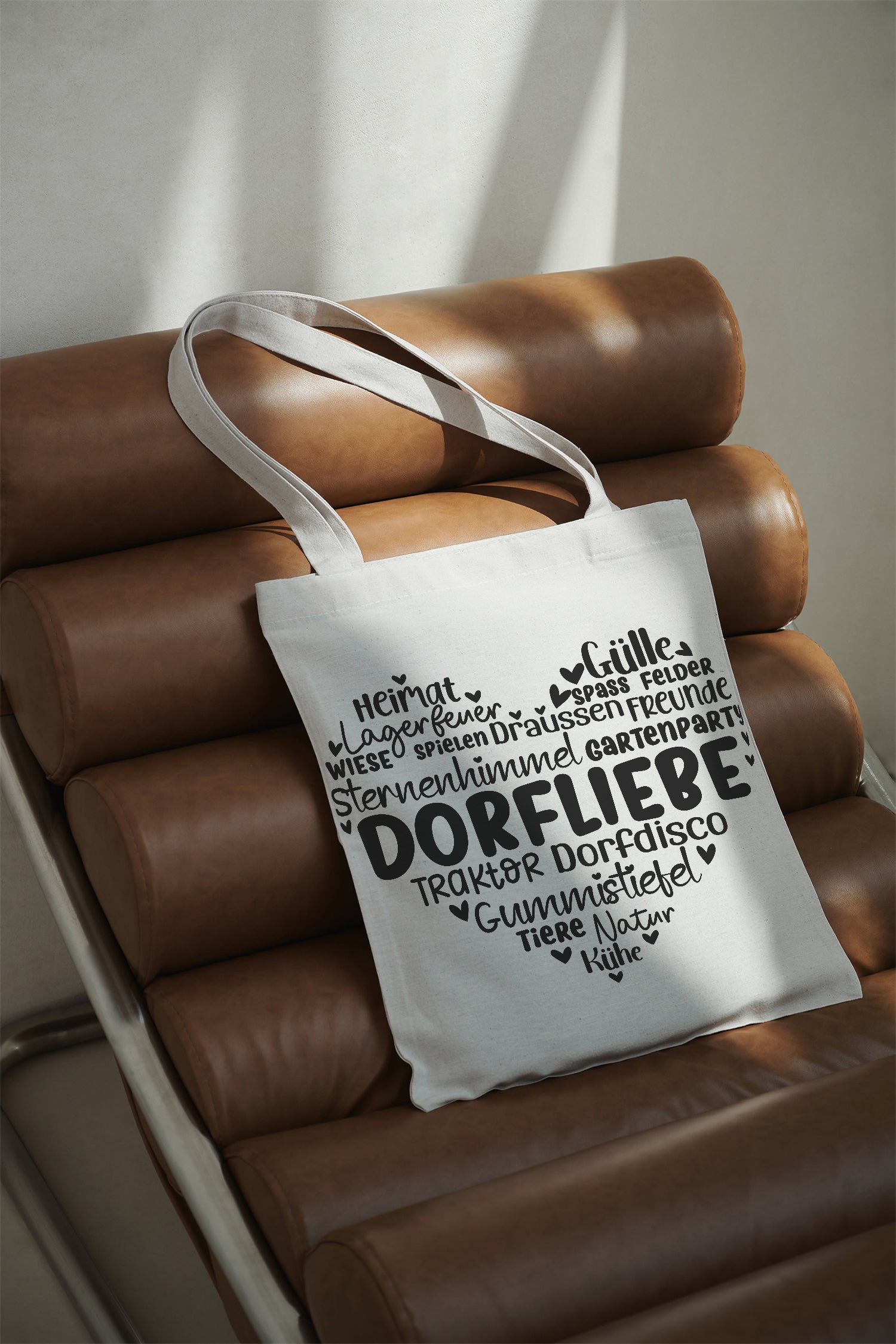 DORFLIEBE Heimat Lagerfeuer Gülle Sterne Traktor Dorfdisco Baumwollbeutel 38x42 cm Jutebeutel beige Stofftasche Schultertasche Geschenk Landliebe