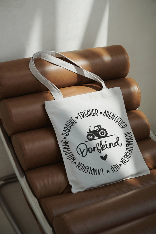 Village Kid Cotton Bag with Tractor – Beige Fabric Bag 38x42 cm, Long Handles, Shopping Bag, Gift for Country Life Fans