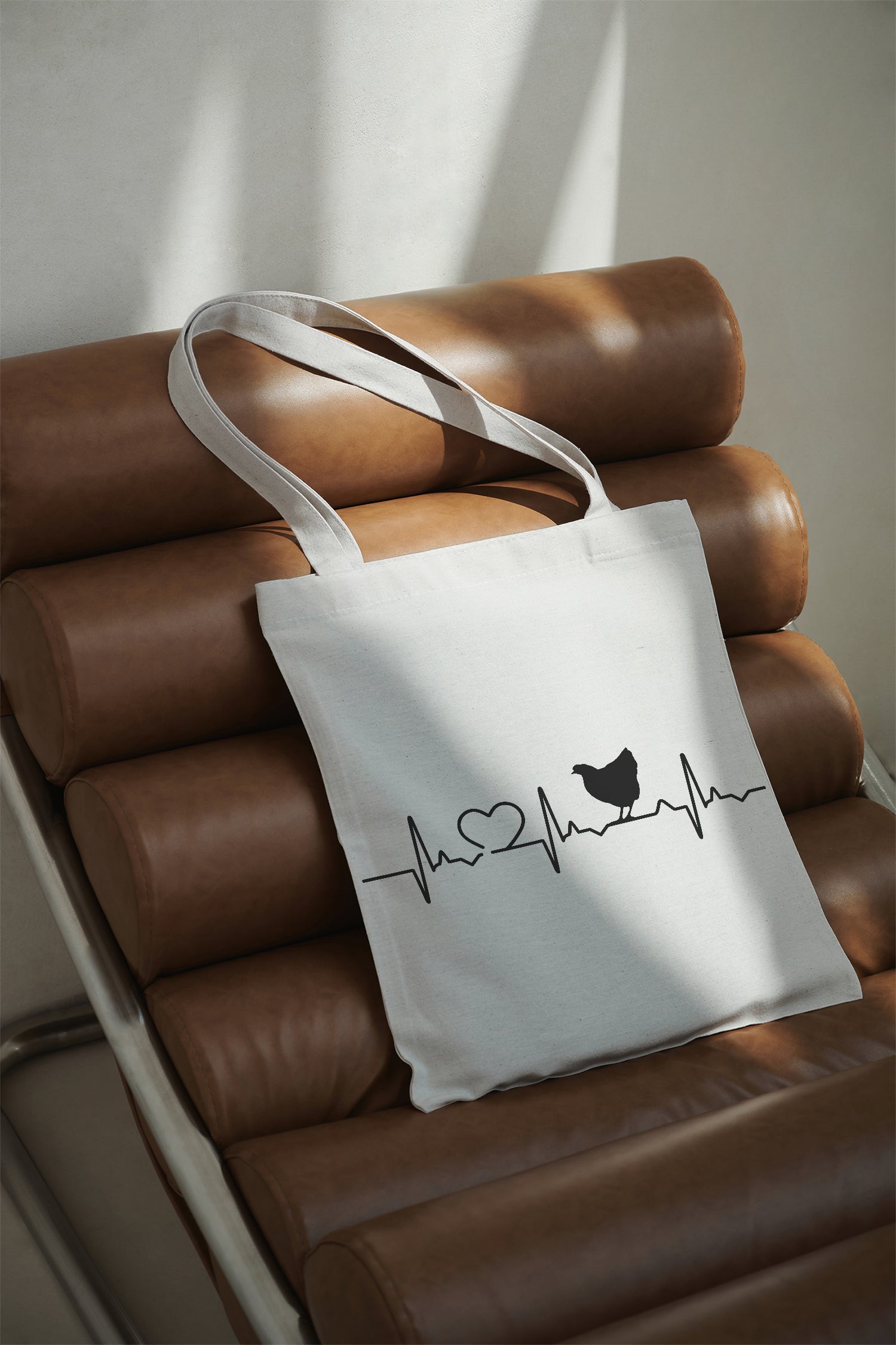 Herzschlag Huhn Baumwollbeutel Stofftasche beige nachhaltig Shopper Einkaufstasche Tiermotiv Geschenk Hühnerliebhaber