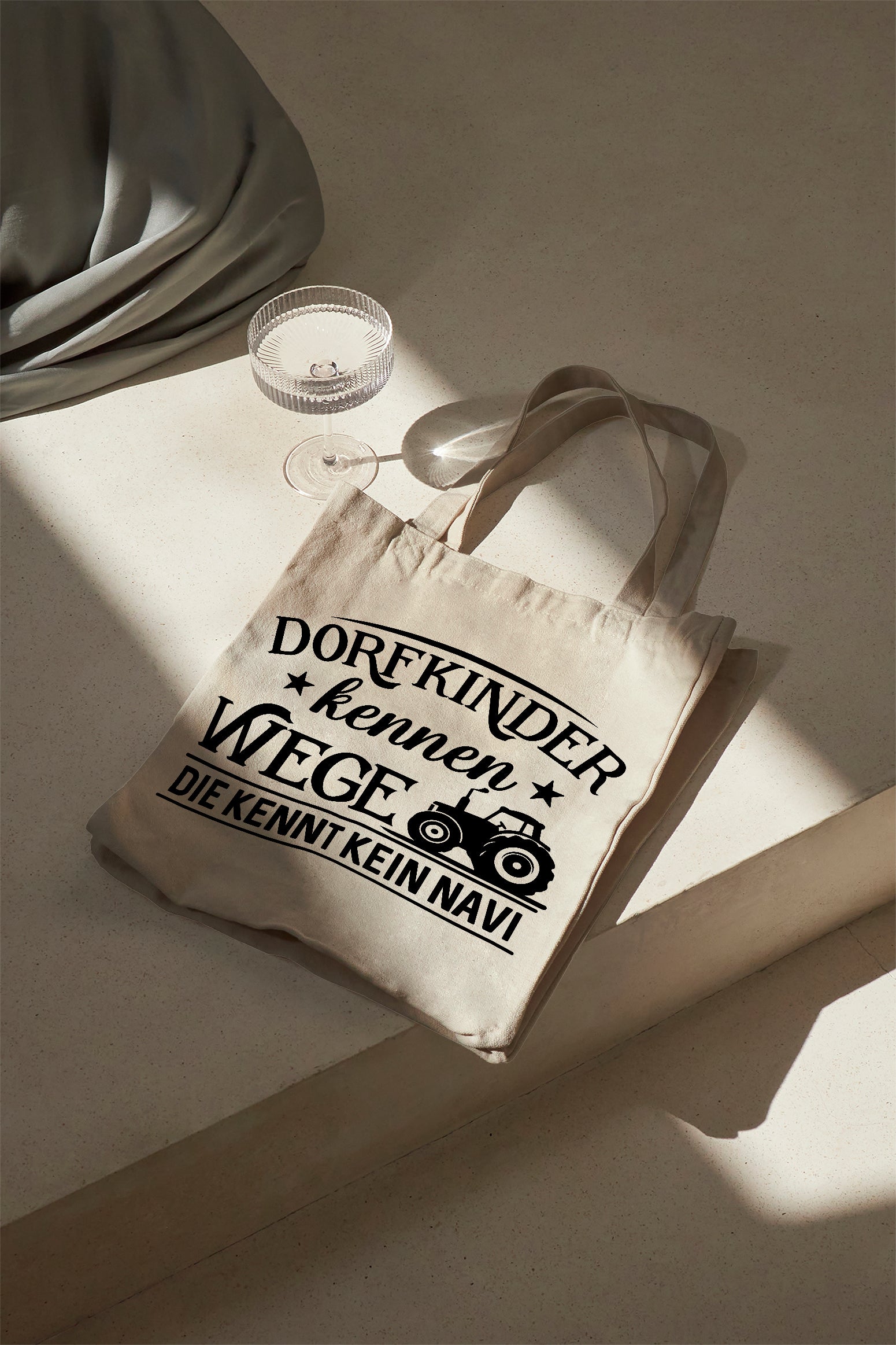 Dorfkinder kennen Wege die kennt kein Navi Baumwollbeutel beige Stofftasche mit Spruch Einkaufstasche lange Henkel Geschenk Dorfleben