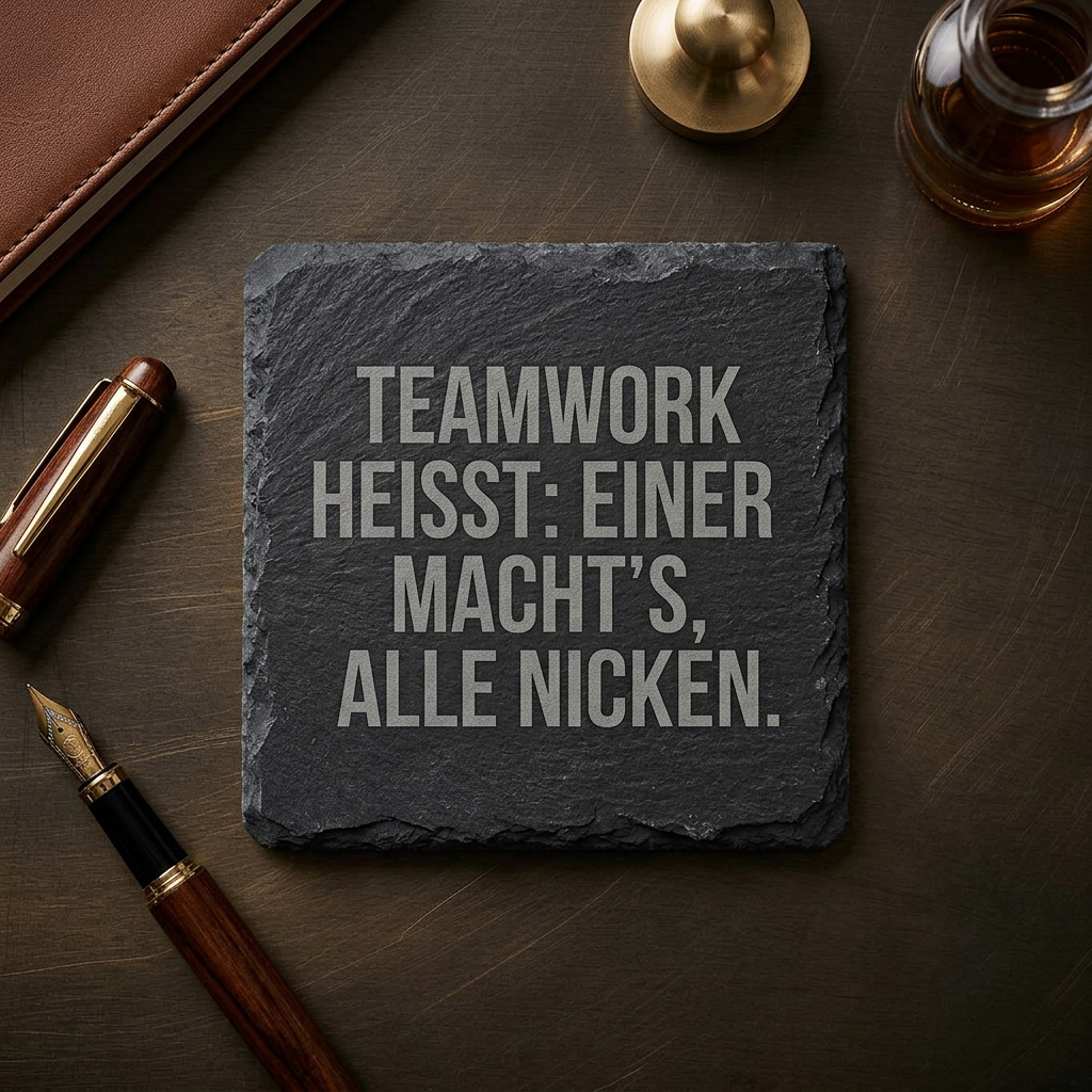 Teamwork heißt: Einer macht’s, alle nicken. – Schiefer Untersetzer 10x10 cm, lustiges Büro Geschenk, Geschenk für Arbeitskollegen, handgravierter Naturstein