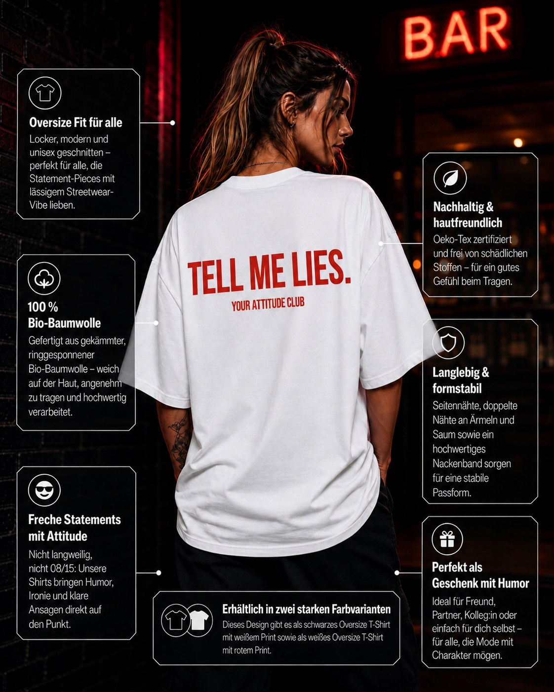 TELL ME LIES | Oversize Shirt Unisex mit Backprint, Statement Shirt aus Bio-Baumwolle