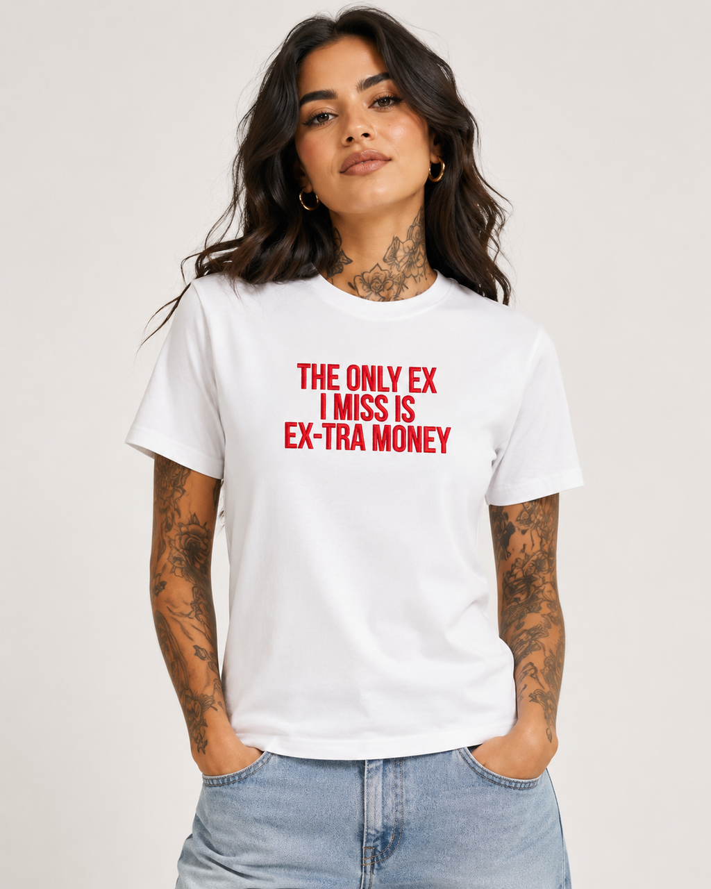 THE ONLY EX I MISS IS EX-TRA MONEY – besticktes Damen Shirt, freches Statement T-Shirt, Trennungsgeschenk, Bio-Baumwolle, Weiß oder Schwarz