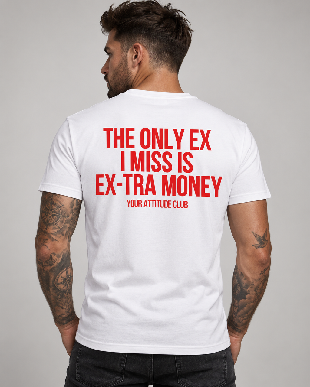 THE ONLY EX I MISS IS EX-TRA MONEY – Unisex Statement T-Shirt Weiß mit rotem Backprint | freches Sprüche Shirt