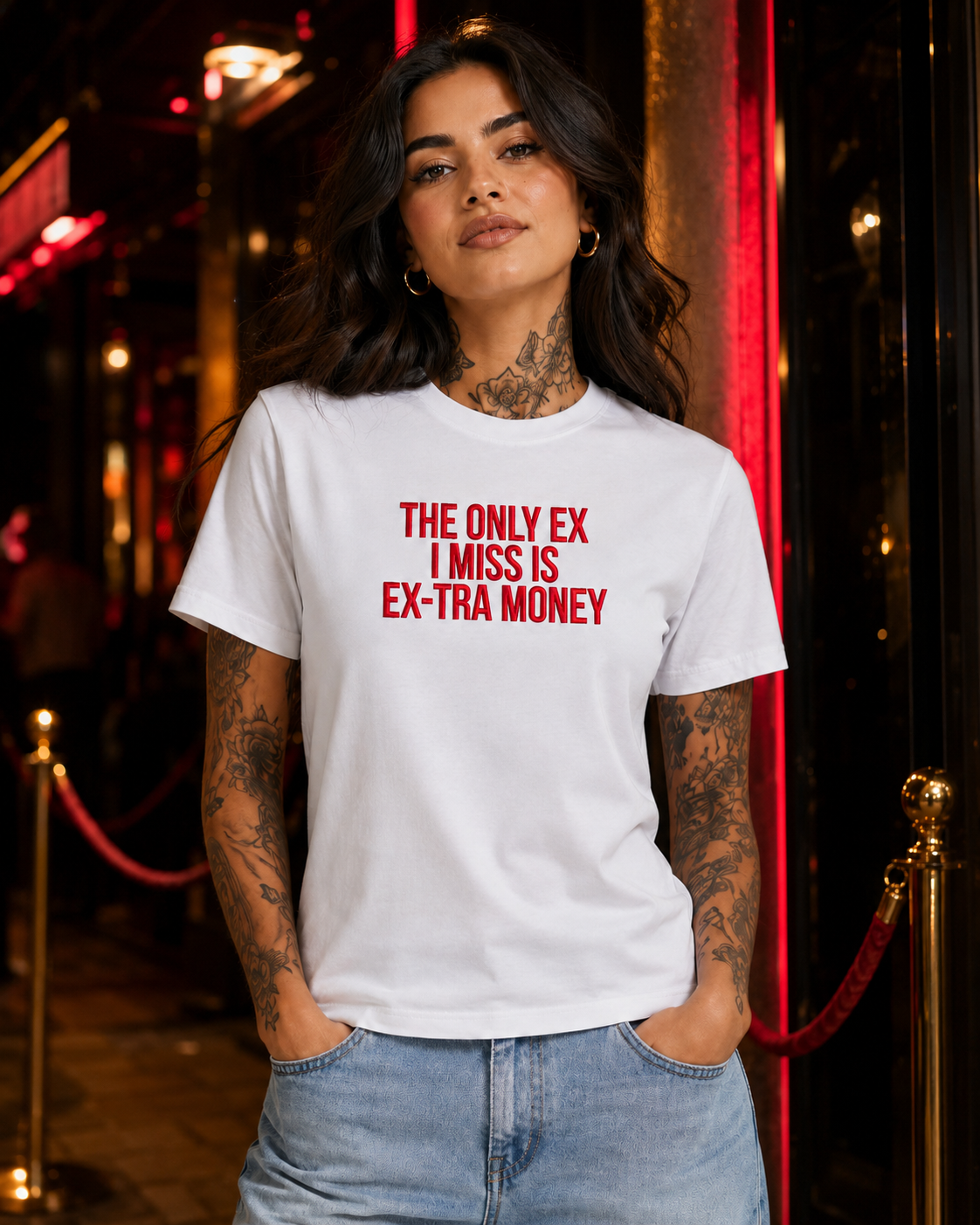 THE ONLY EX I MISS IS EX-TRA MONEY – besticktes Damen Shirt, freches Statement T-Shirt, Trennungsgeschenk, Bio-Baumwolle, Weiß oder Schwarz