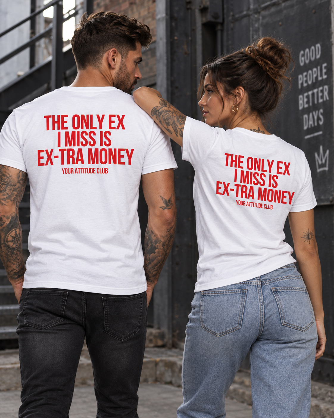 THE ONLY EX I MISS IS EX-TRA MONEY – Unisex Statement T-Shirt Weiß mit rotem Backprint | freches Sprüche Shirt