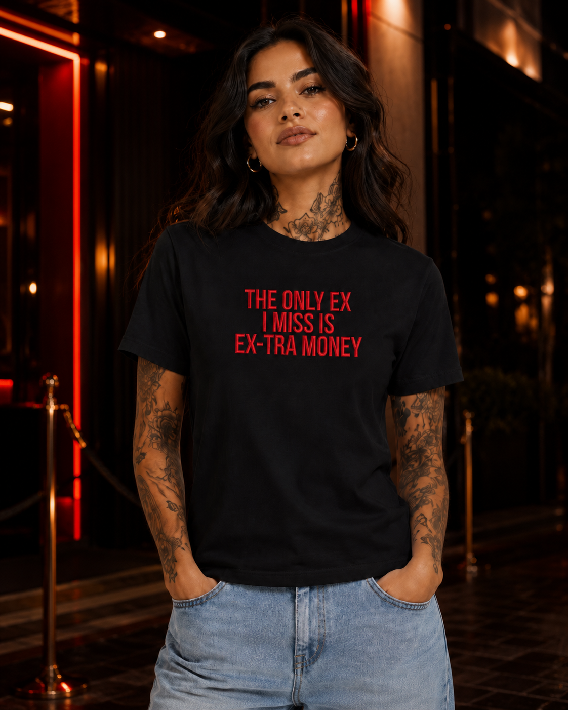 THE ONLY EX I MISS IS EX-TRA MONEY – besticktes Damen Shirt, freches Statement T-Shirt, Trennungsgeschenk, Bio-Baumwolle, Weiß oder Schwarz