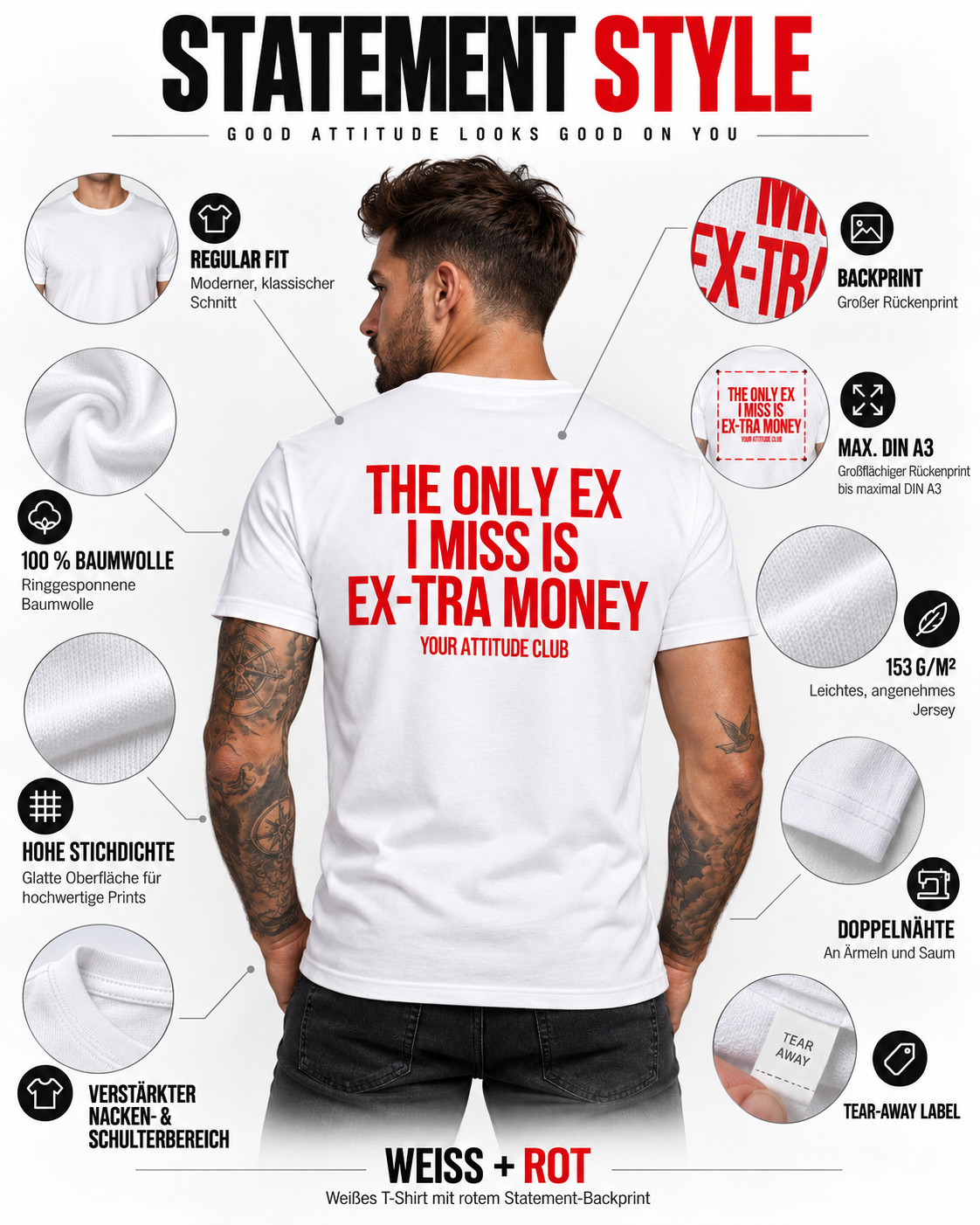 THE ONLY EX I MISS IS EX-TRA MONEY – Unisex Statement T-Shirt Weiß mit rotem Backprint | freches Sprüche Shirt