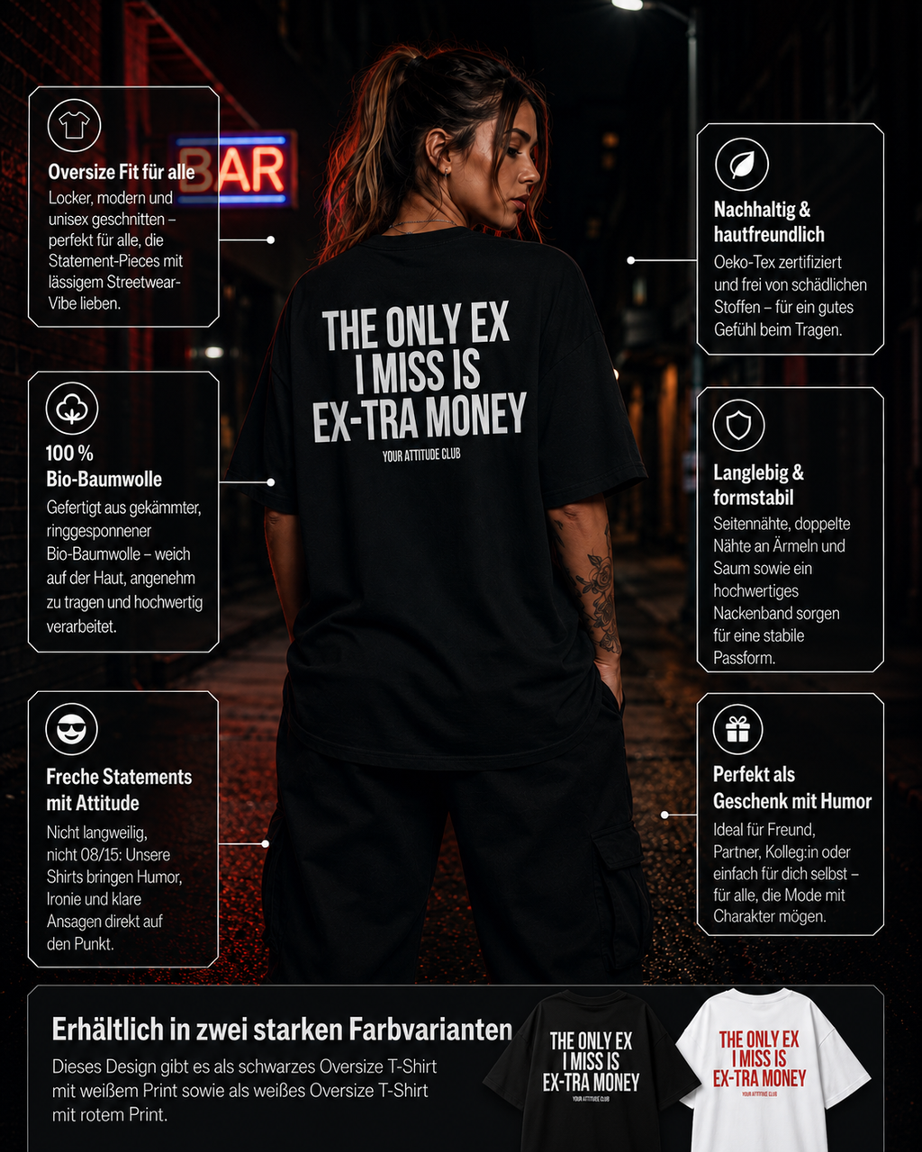 THE ONLY EX I MISS IS EX-TRA MONEY | Oversize Shirt Unisex mit Backprint, Statement Shirt aus Bio-Baumwolle